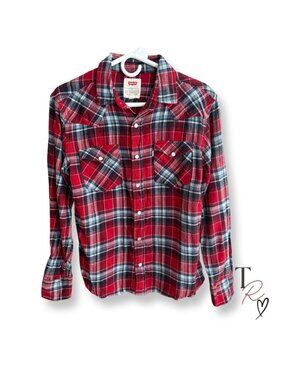 Levi’s Western Flannel Snap Button Shirt Plaid Cotton Red Blue Size Small